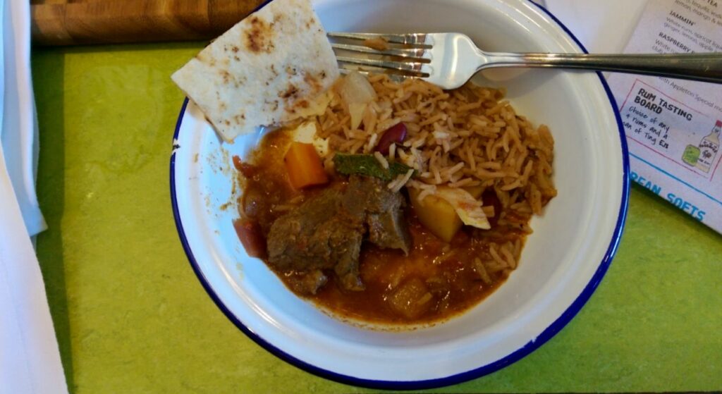 Goat Curry, Rice & Peas & Roti